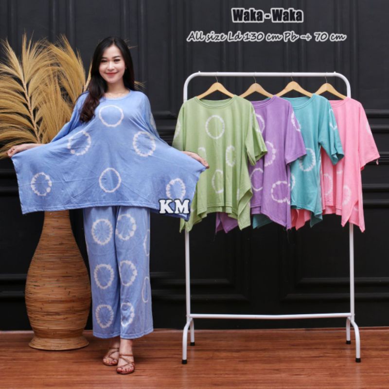 ONE SET KAOS WANITA DEWASA MODEL SAYAP CELANA PANJANG MOTIF SOFT ABSTRAK KEKINIAN