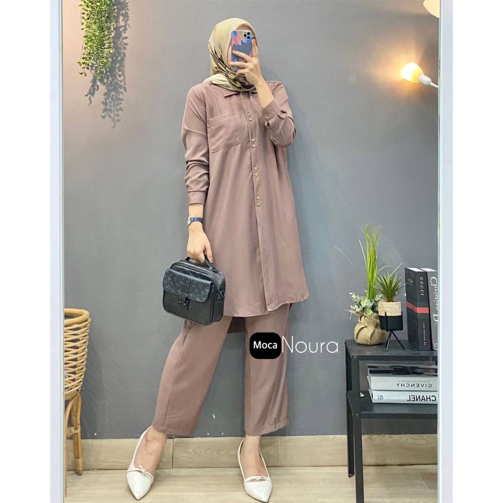 Noura One Set Wanita Tunik Shakila Premium Setelan Wanita Lengan Panjang Set Baju Muslim Kekinian LD 110 cm