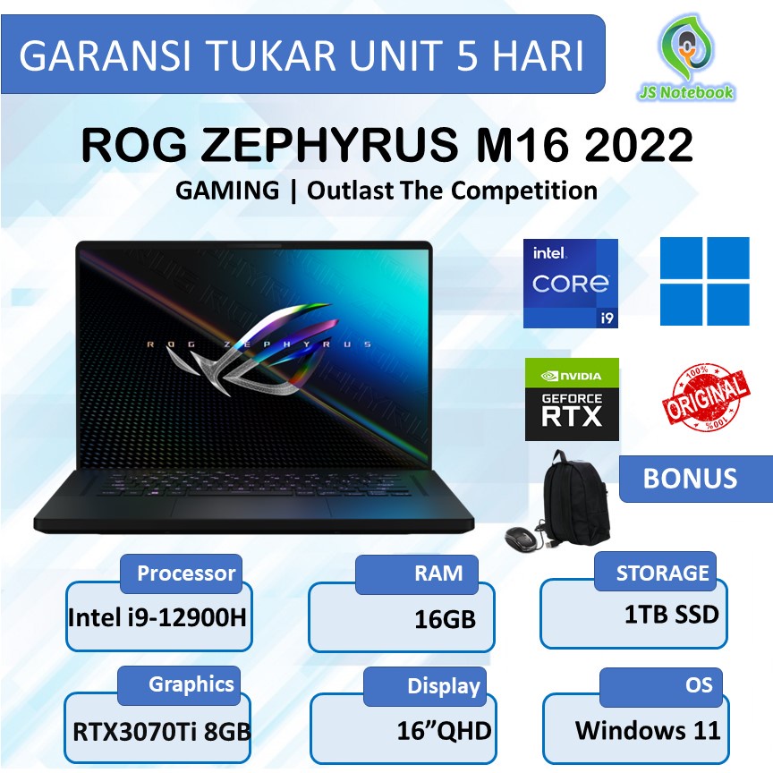 ASUS ROG ZEPHYRUS M16 2022 GU603 I9 12900 16GB 1TBSSD RTX3070Ti 8GB W11 16.0QHD-BLACK