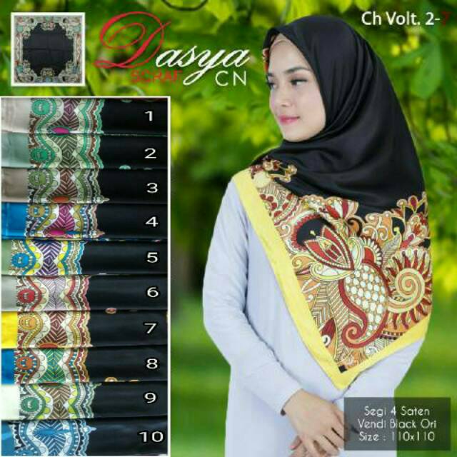 SEGIEMPAT BATIK AZARA SATIN BLACK HIJAB SEGI4 DASYA HITAM ETNIK TENGAH POLOS