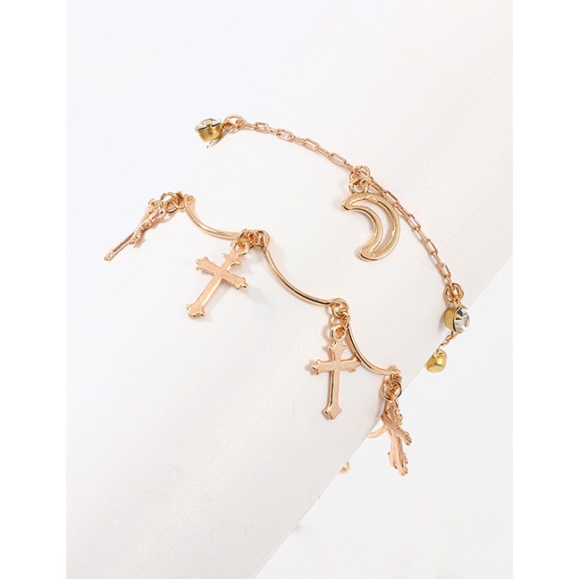 LRC Gelang kaki Fashion Golden Cross Moon Love Anklet Set D76913