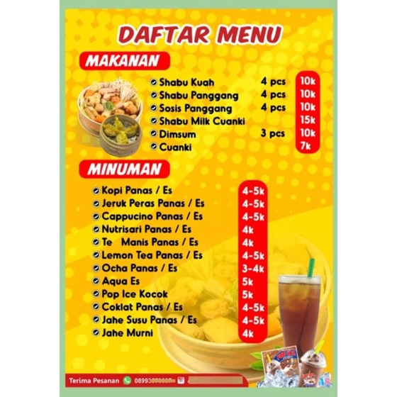 

Daftar menu makanan dan minuman