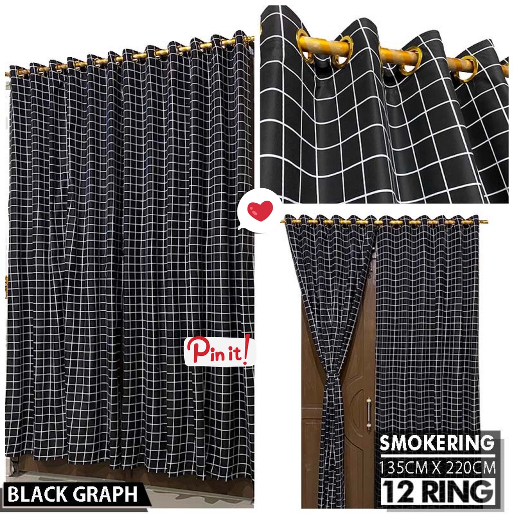 Gorden Smokring 12 Ring Polymicro Pintu Atau Jendela Motif Minimalis Abstrak Kotak Hitam