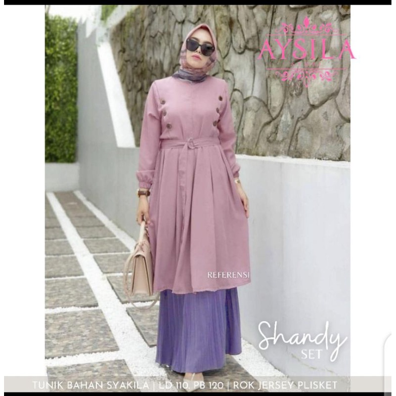Setelan rok plisket dan tunik polos oneset rok dan longtunik busuo Shandy Set