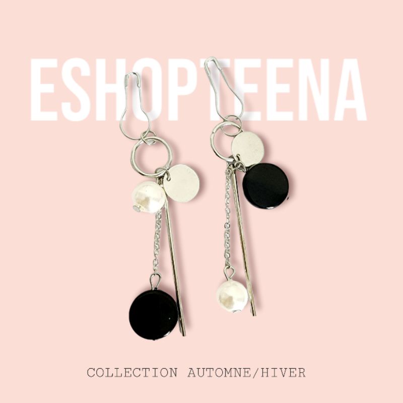 A58 anting hijab bulat juntai black silver_anting jilbab
