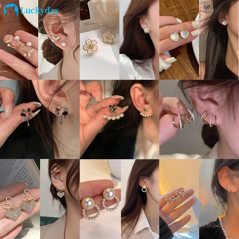 YEEZII Anting Stud Liontin Kupu-Kupu Hati Kristal Mutiara Warna Emas Gaya Elegan Untuk Wanita