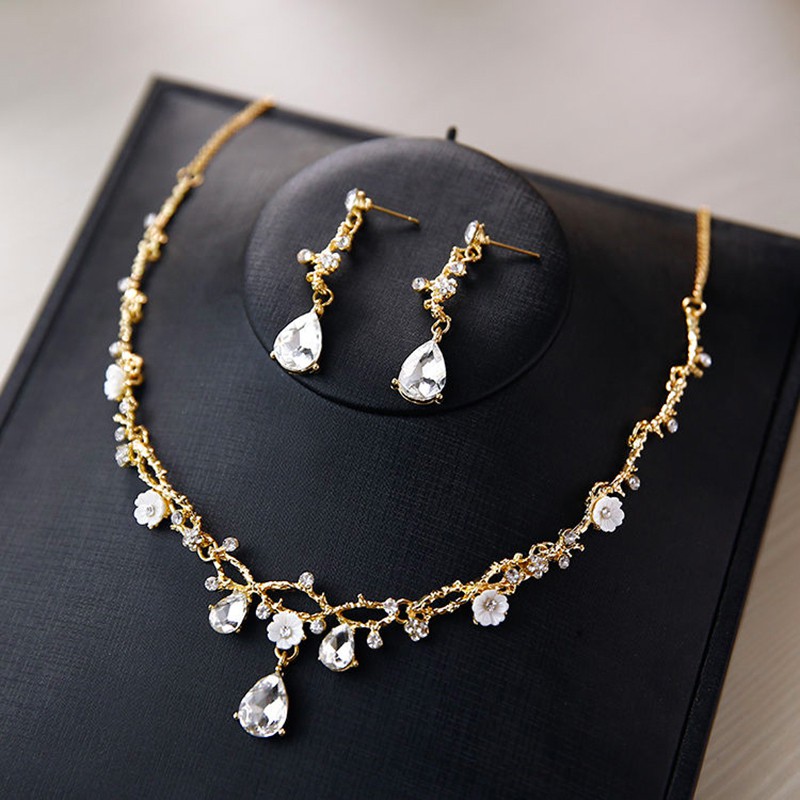 Golden Branches and Crystal Flower Necklace Earring Set Bridal Jewelry