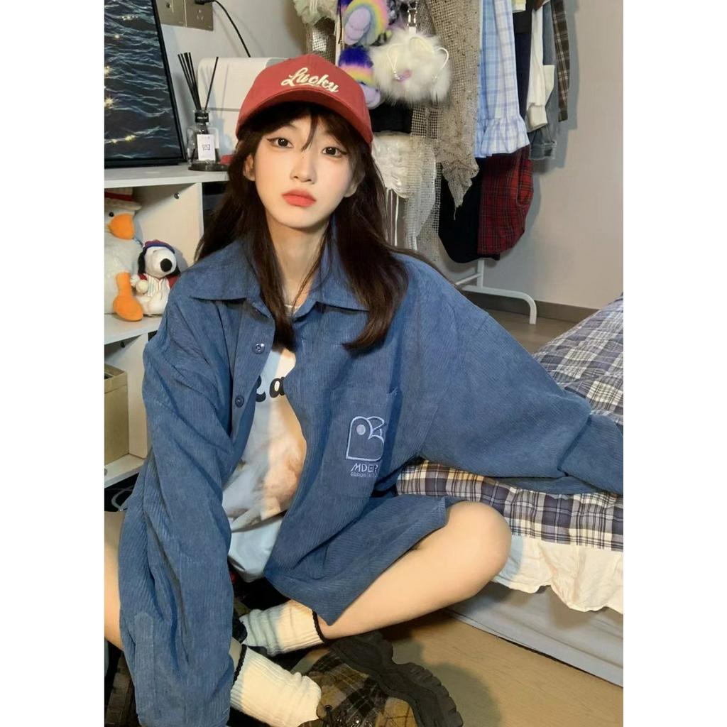 [chaoo.id]Korean Style Corduroy Shirt Kemeja Lengan Panjang Wanita Retro baju atasan wanita/kemeja wanita