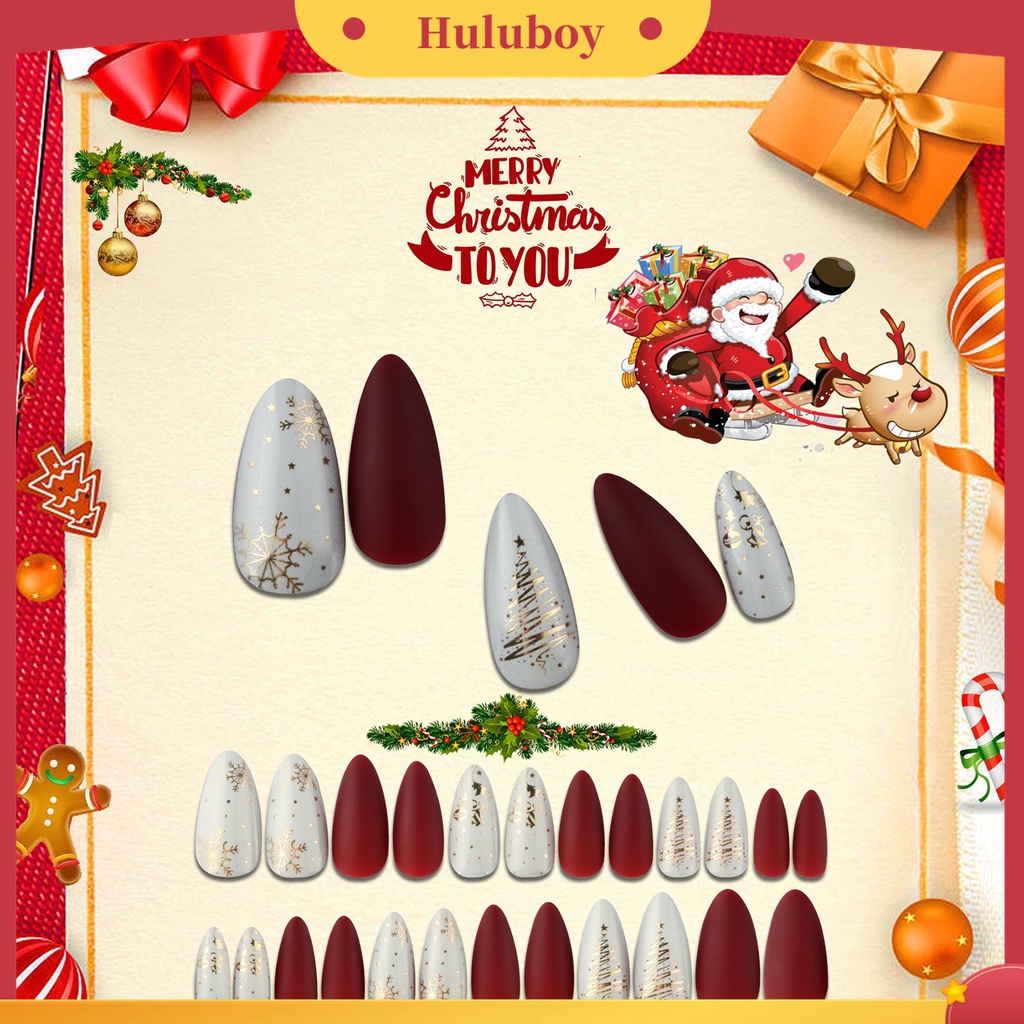 Huluboy Huluboy♡ 24pcs / Set Kuku Palsu Full Cover Desain Natal Untuk Manicure