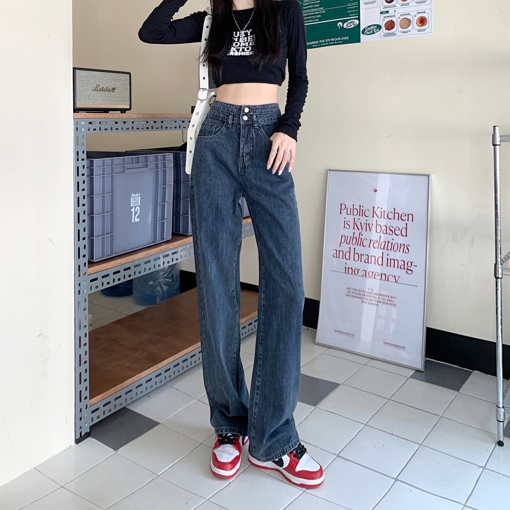 Jeans Wanita Berpinggang Tinggi Longgar Gaya Korea Lurus Berkaki Lebar