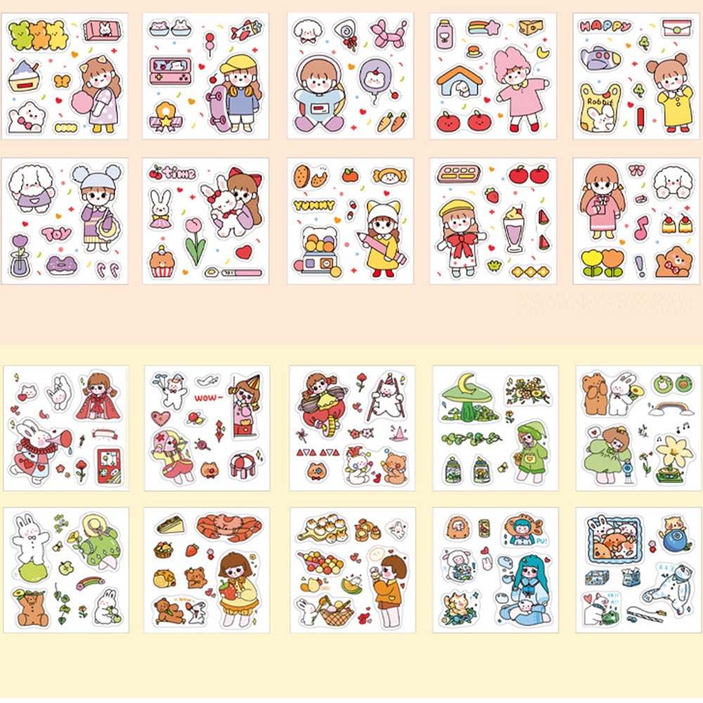 ELEGANT 100 pcs/box Kawaii Sticker Set Cute Pink Yellow Green Stationery PET Decorative Sticker DIY Scrapbooking Waterproof Bear Bunny Rabbits Cartoon Drink Food Animals Girls Pattern Vitality Magic Adhesive Decals