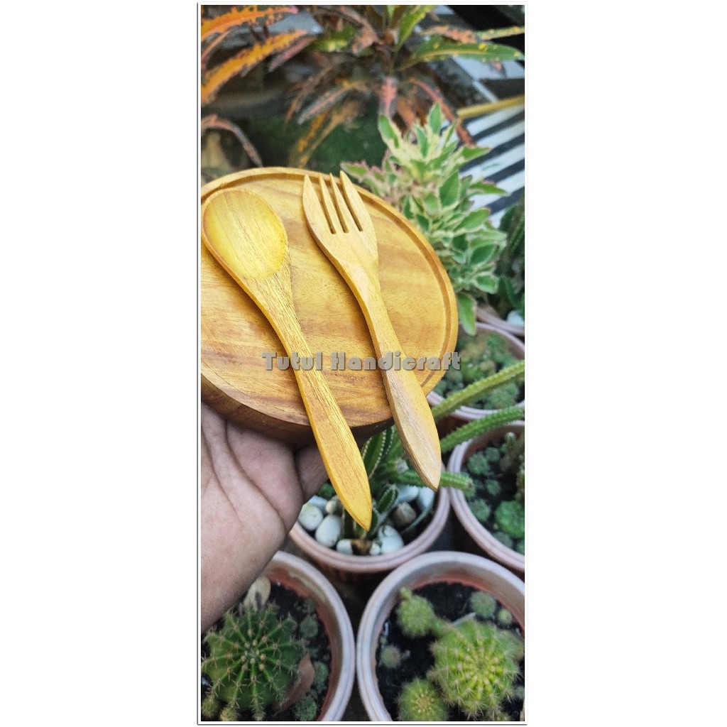 Paket 1 Set Sendok Garbu Piring Liuk KAYU KUNING GALIH NANGKA 16 cm