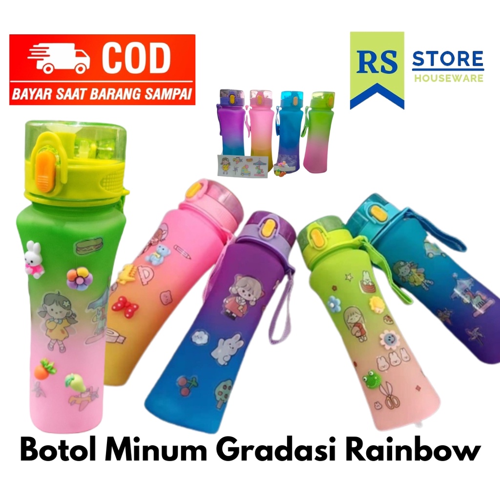 BOTOL MINUM VIRAL GRADASI LUCU KAPASITAS 800 ML FREE STIKER 2D & 3D pelangi rainbow tali dan sedotan