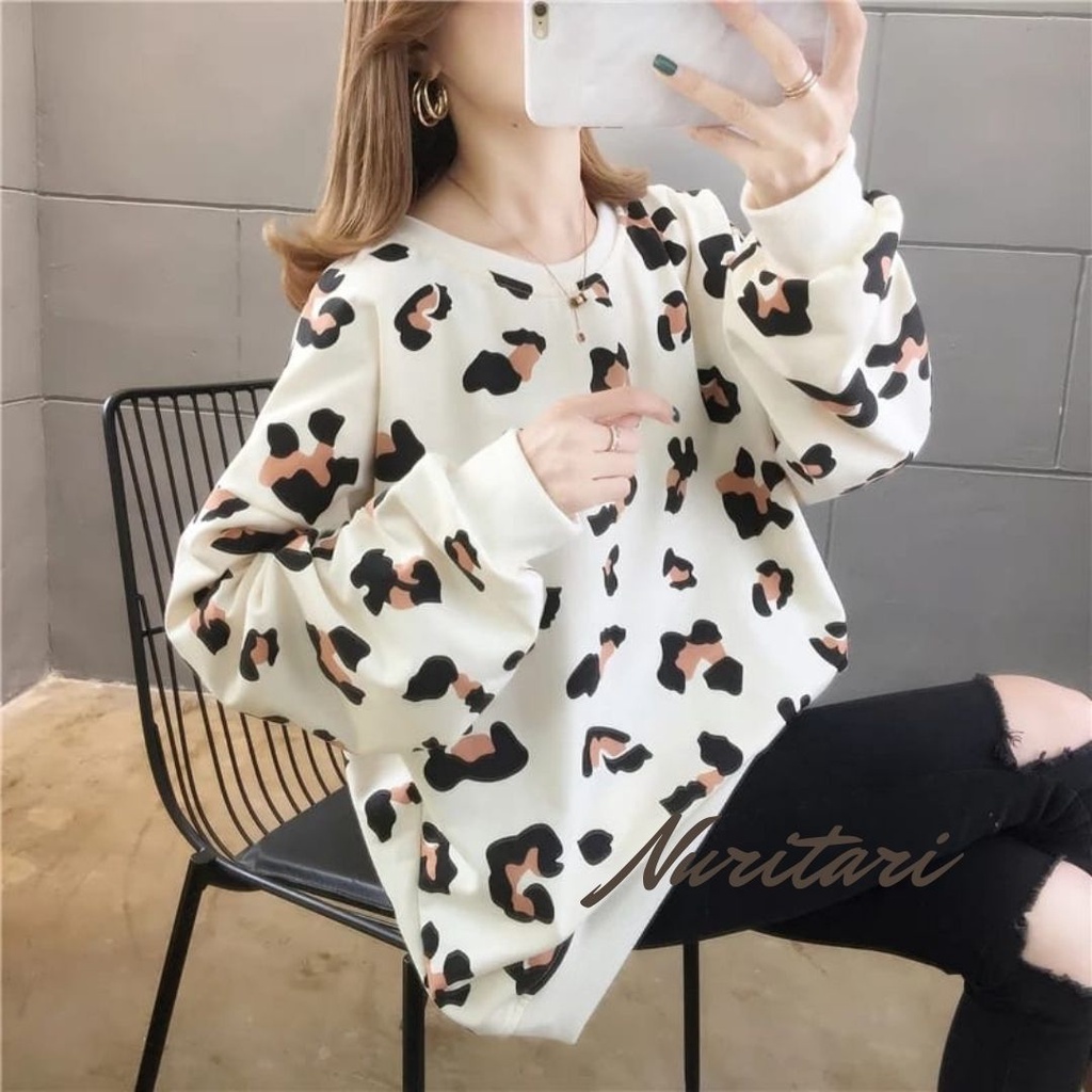 LEOPARD SWEATER CREWNECK FULLPRINT BAHAN FLEECE / SWEATER WANITA / SWEATER WANITA KOREA / SWEATER CE