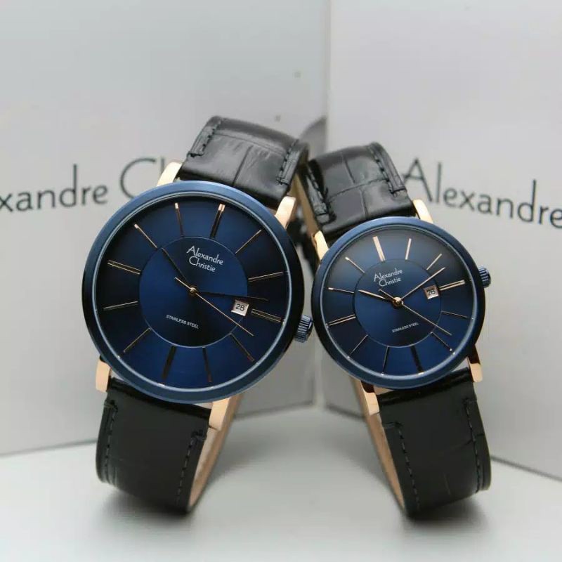 Jam Tangan Couple Alexandre Christie AC 8344 Tali Kulit Pria & Wanita Original