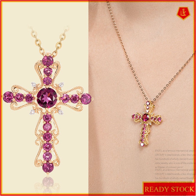 [Ready Stock]Fashion Inlaid Garnet Cross Pendant Personalized Necklace