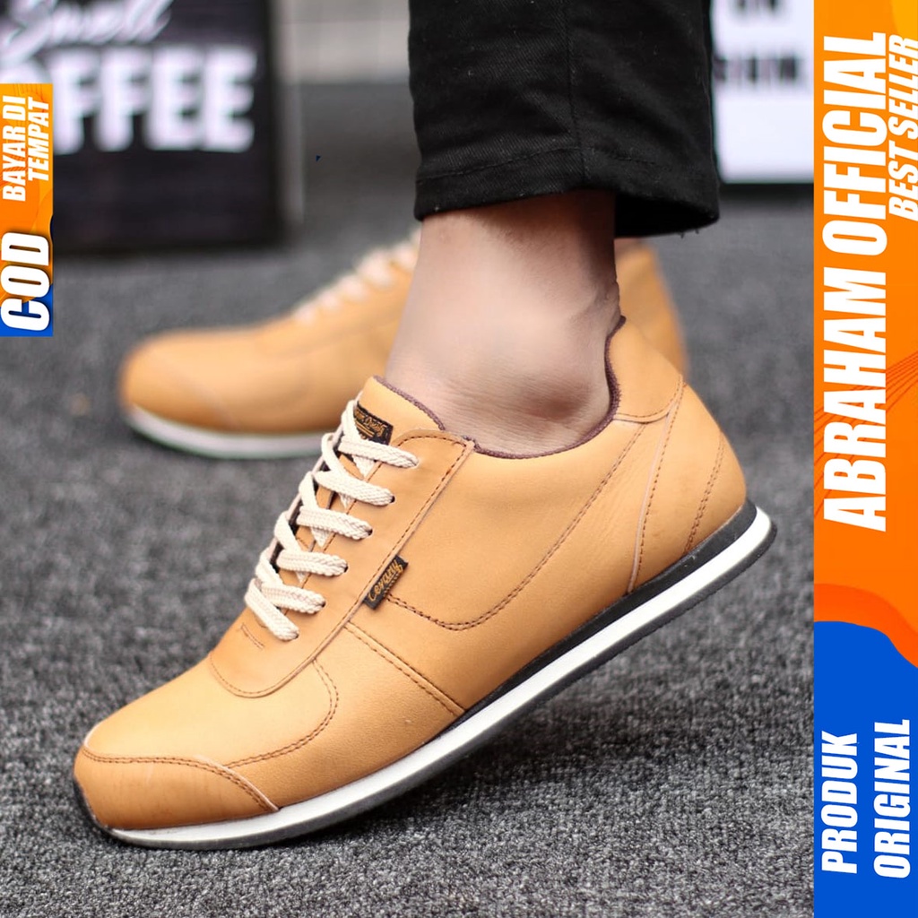 Sepatu Kulit Asli Sneakers Hitam Kerja Santai Pria Abraham Morley
