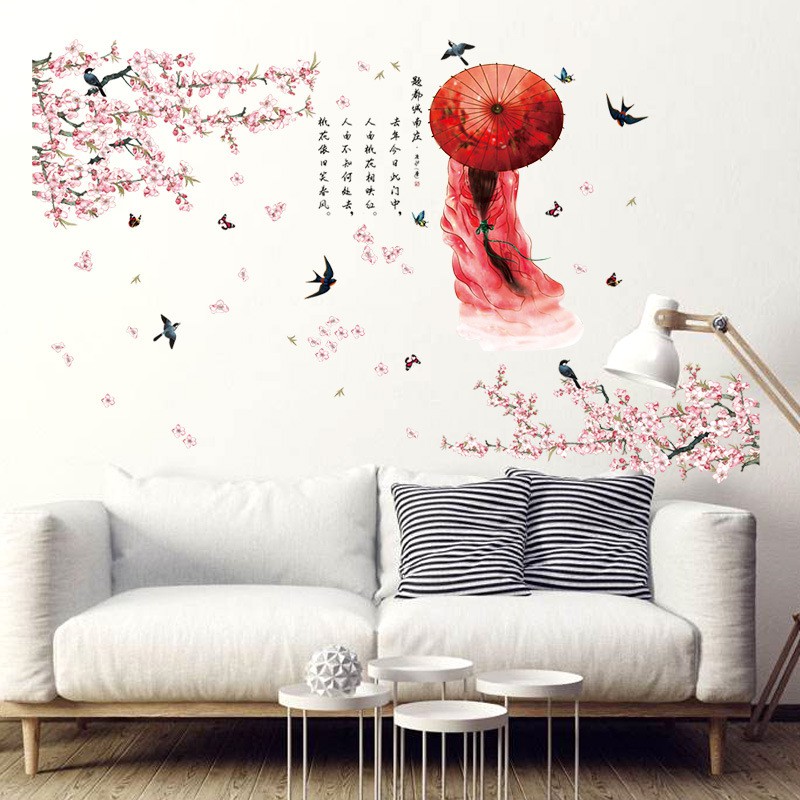 Reliza Wall Sticker Sakura Cewek Payung Girl Flowers Chinese Stiker Dinding LDR