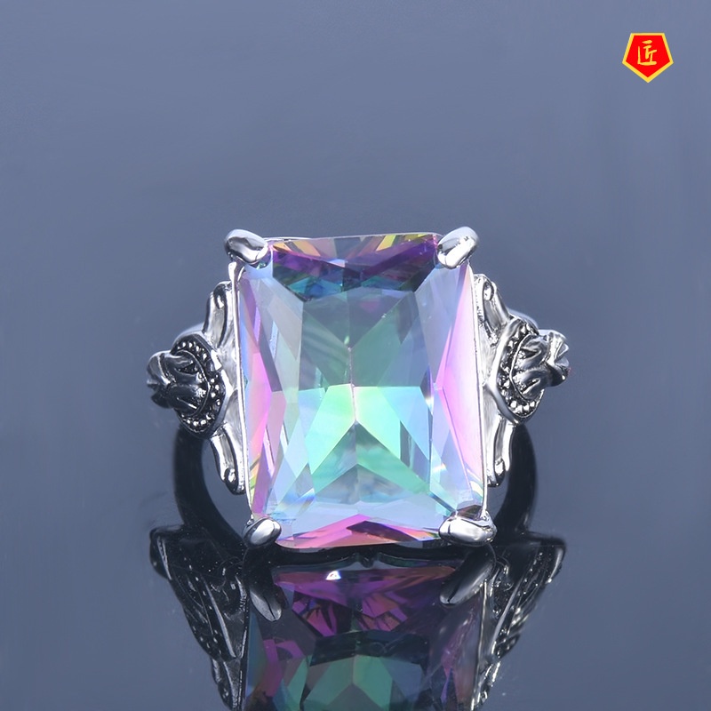 [Ready Stock]Rainbow Color Topaz Square Diamond Ring Female Creative Personality