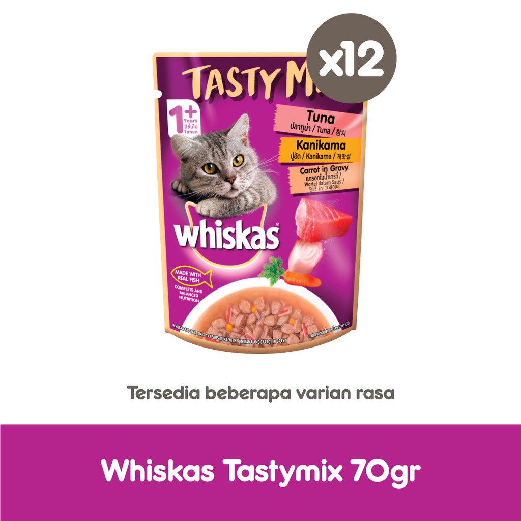 WHISKAS® Tasty Mix Makanan Kucing Basah Pouch 70gr - Isi 12