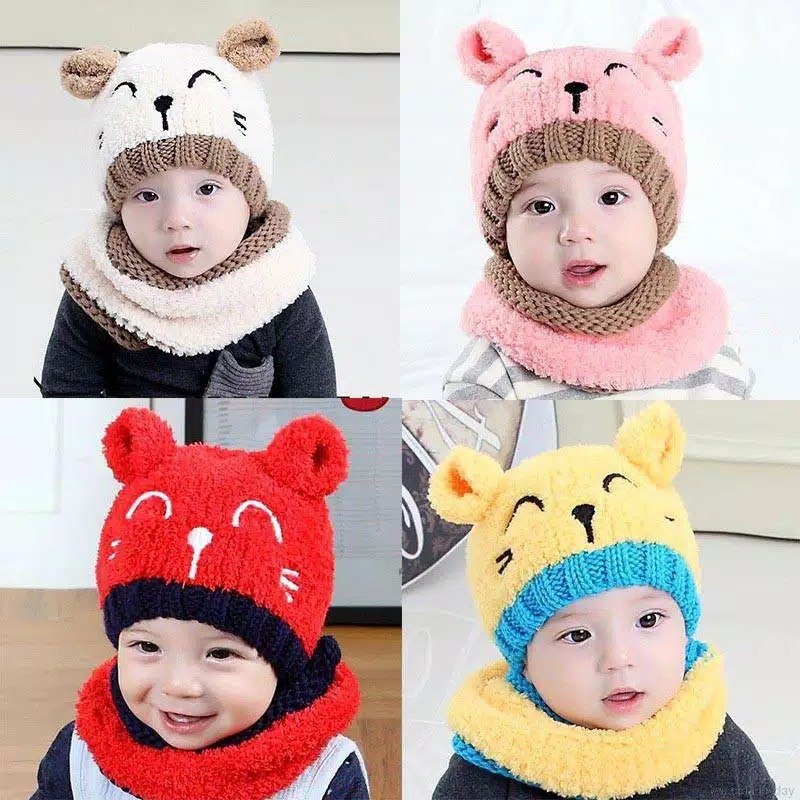 Topi Kupluk anak Bayi Rajut Fleece smiley cat hangat lembut fashion baby import