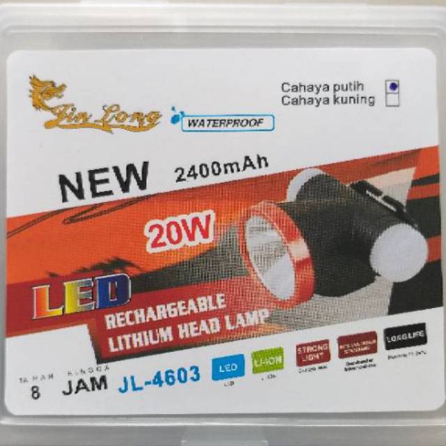 PROMO JL-4603 Senter Kepala Jinlong 20w Bisa Charge 20watt Head Lamp Jin Long Headlamp