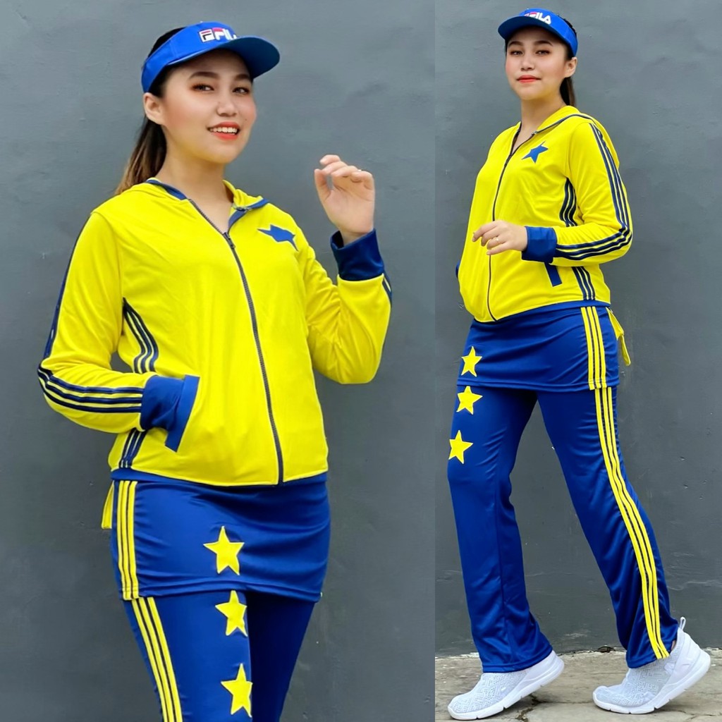 Baju Senam Aerobic Zumba Gym Fitness Jogging Cycling Olahraga Panjang Muslim Rok Bintang Kuning Biru