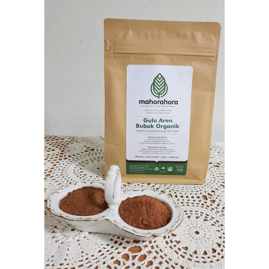 

Gula Aren Bubuk Organik 500 gr kemasan Pouch Mahorahora Premium Grade A