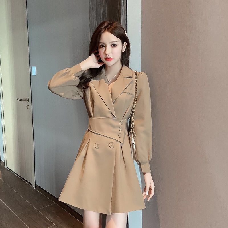 Suit collar long sleeve dress women's 2021 spring and autumn new small Korean design sense windbreak