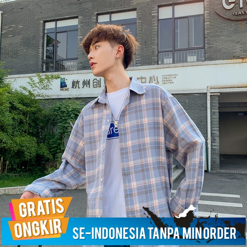 Kemeja Fashion Lengan Pendek Kemeja Pria  Kotak-kotak Kemeja Lengan Panjang  Korea Mahasiswa Plaid S