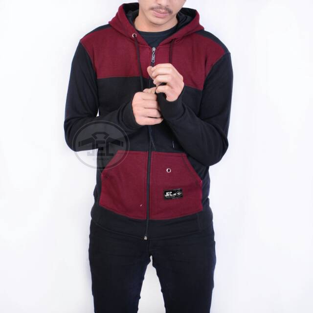 JEC Jaket Hoodie Zipper Combi Hitam Maroon Full Premium | Sweater | Switer | Unisex | Fleece