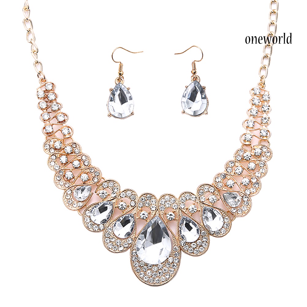 OW@ 2Pcs/Set Teardrop Rhinestone Statement Bib Necklace Earrings Bridal Jewelry Gift