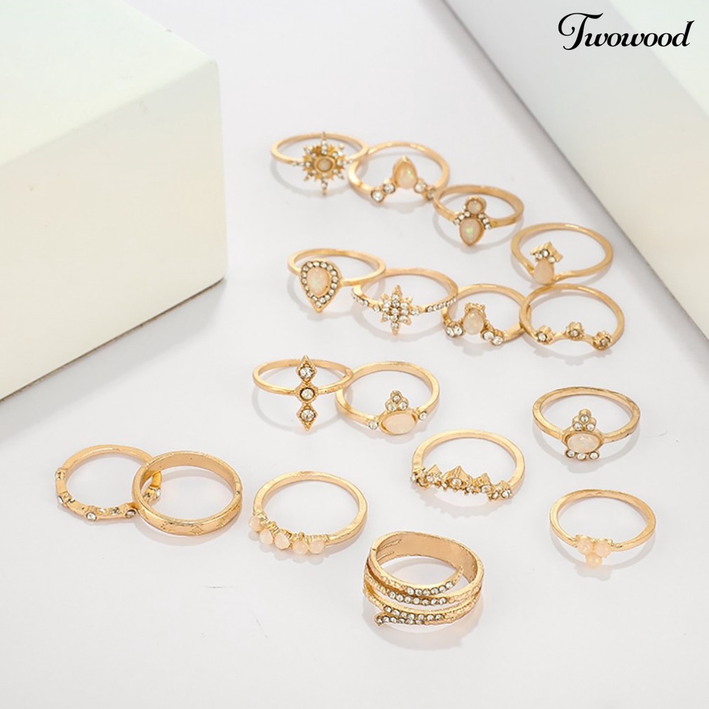 17pcs / Set Cincin Jari Permata Berlian Imitasi Gaya Bohemian Untuk Wanita