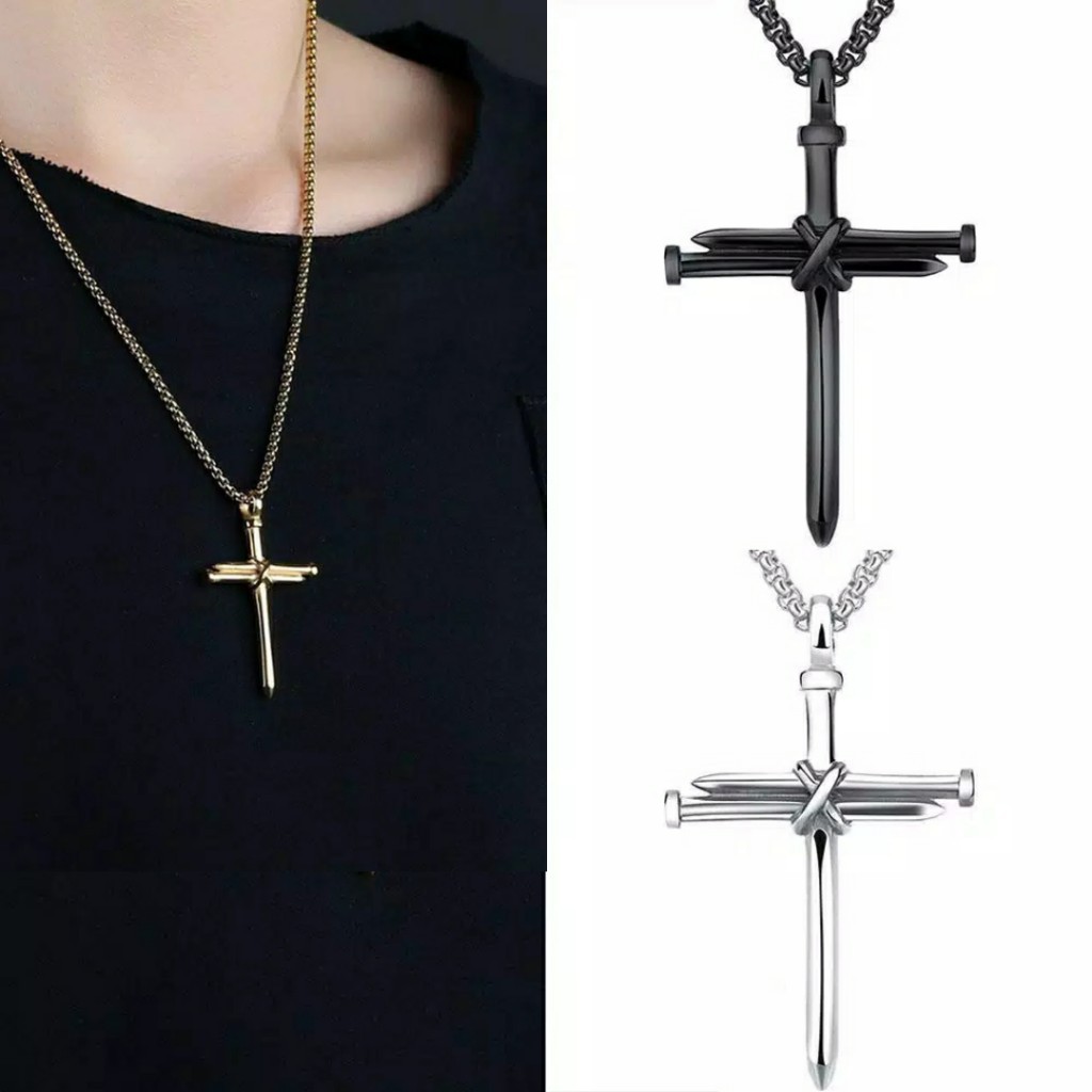 Kalung Salib Titanium Steel Cross Pendant Long Chain Unisex