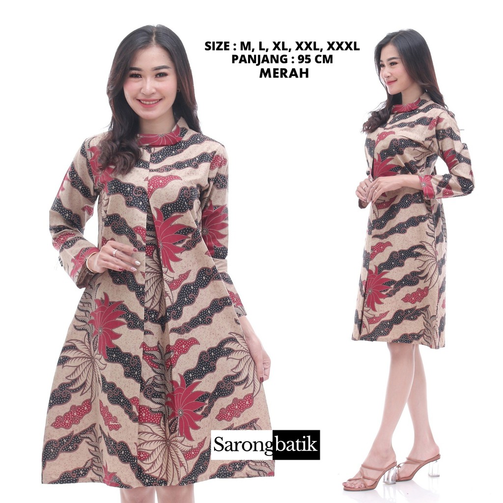 Atasan Dress Batik Wanita Kembang Galaran TB0024SB-MERAH