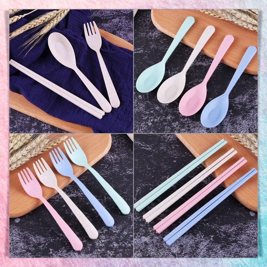 1 Set Alat Makan Sendok Garpu Sumpit + Box Plastik Jerami | Wheat Straw Portable Travel Cutlery