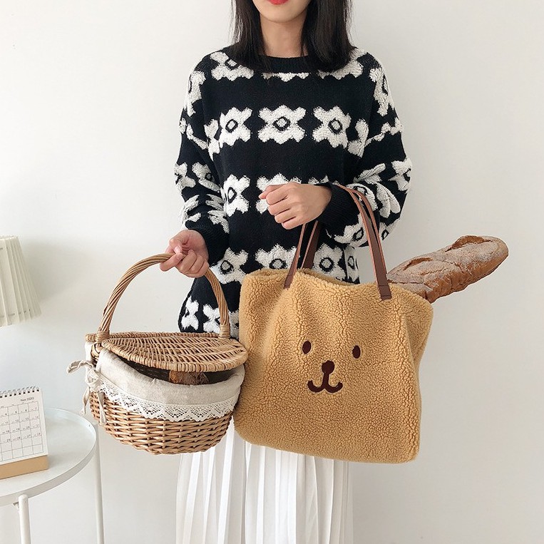 TB-50 tas bahu wanita bulu boneka winter musim dingin import jepang korea dog bear kampus sekolah