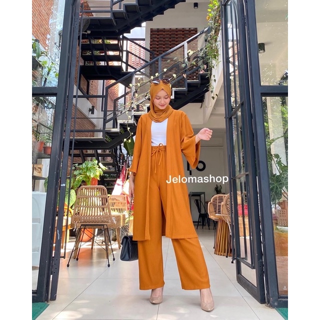 SABRINA SET BAHAN PLEATS IMPORT DAPAT OUTER + CELANA | SETELAN BKK