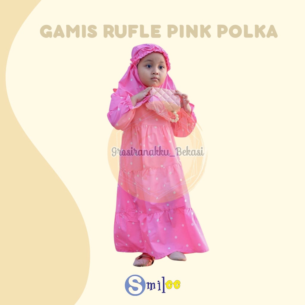 Gamis Katun Anak Rufel Motif Polka Pink Size 1-6Thn