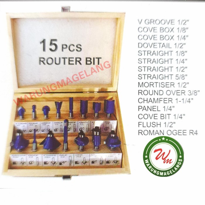 wm Mata Profil Set 15pcs ast byb bull Wood Router Bits Set TCT Box Kayu