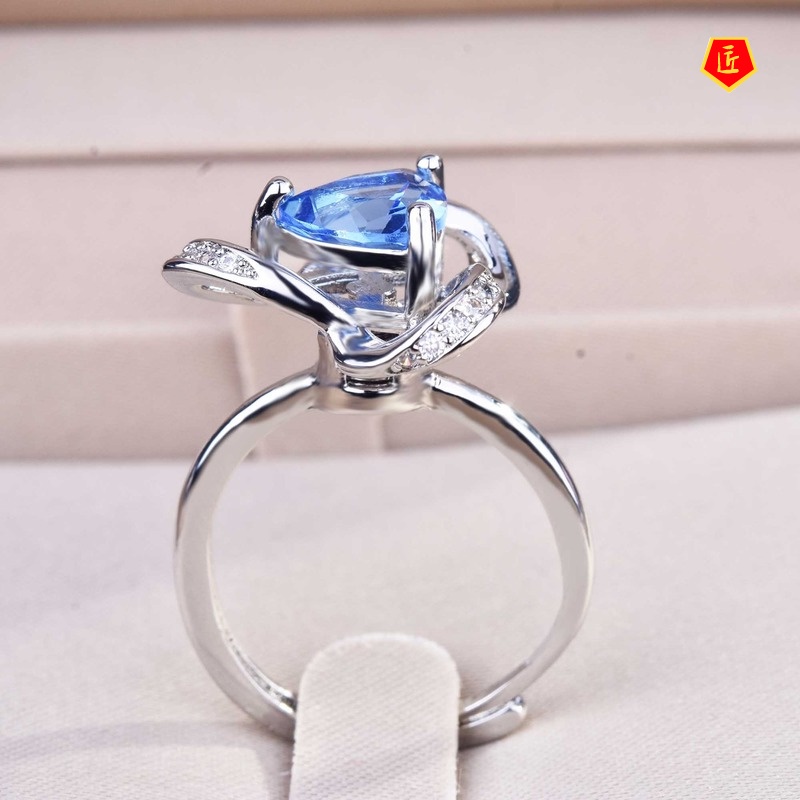 [Ready Stock]Creative Flower Triangle Natural Blue Topaz Ring