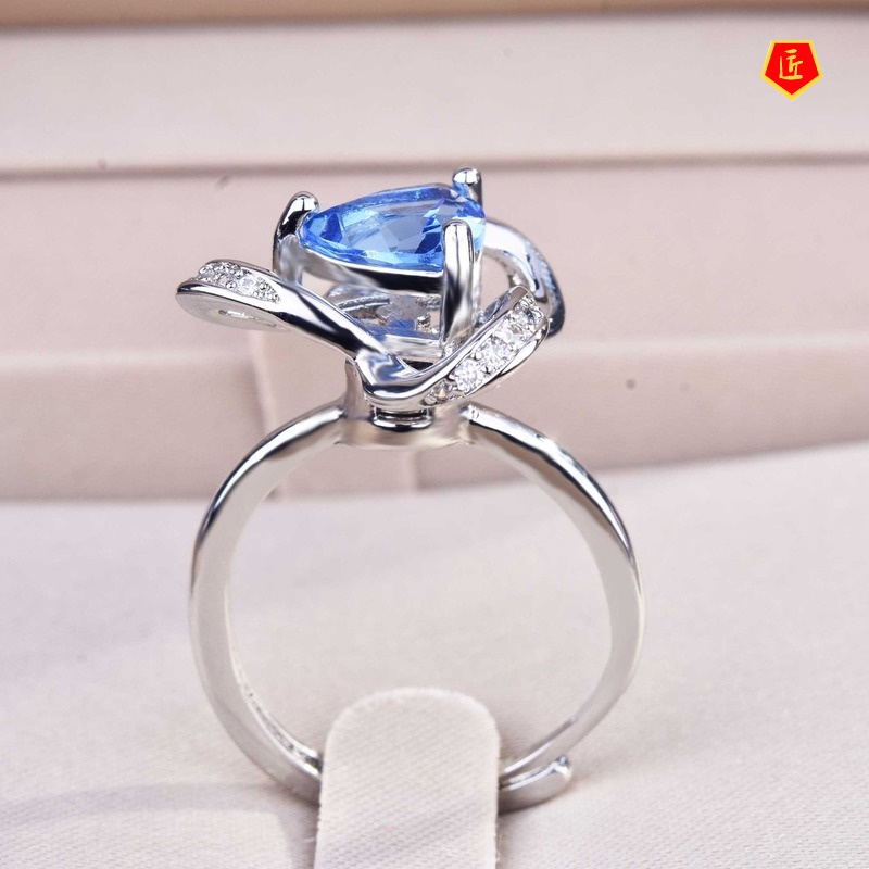 [Ready Stock]Creative Flower Triangle Natural Blue Topaz Ring