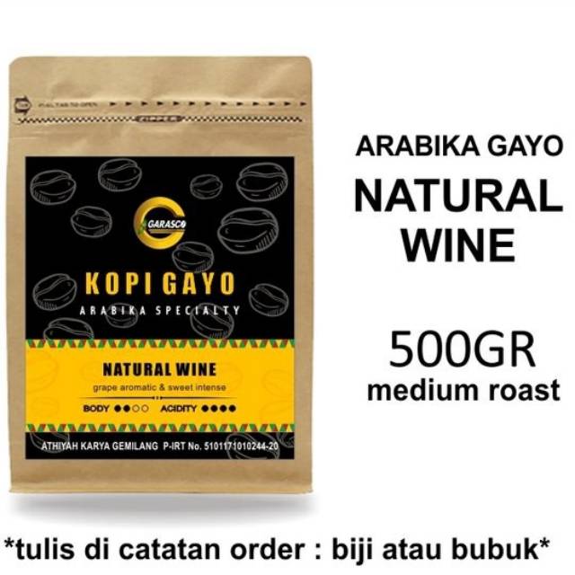 

Kopi Gayo Arabica Natural Wine Specialty 500 gram Biji Bubuk Garasco Coffee