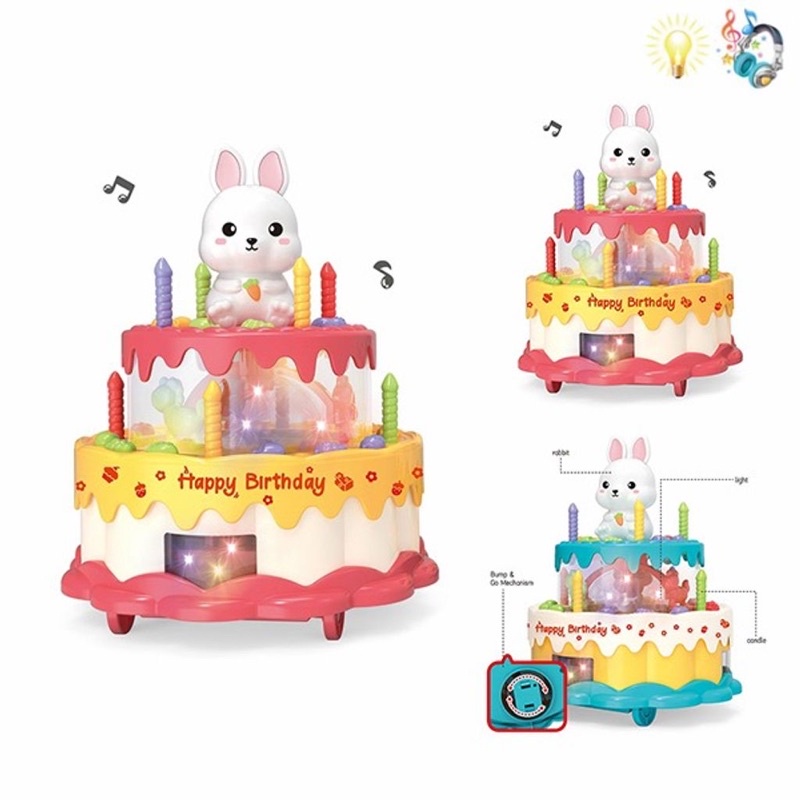 mainan kue ulang tahun rotation music rabbit cake putar kelinci lilin 2 tingkat roda