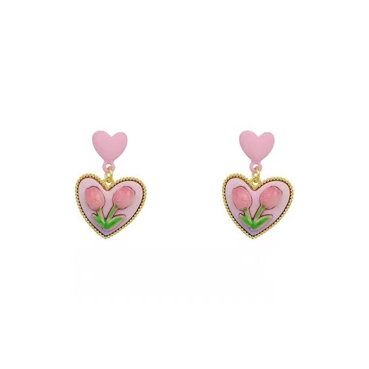 Anting Tusuk Motif Bunga tulip Warna Pink Untuk Wanita