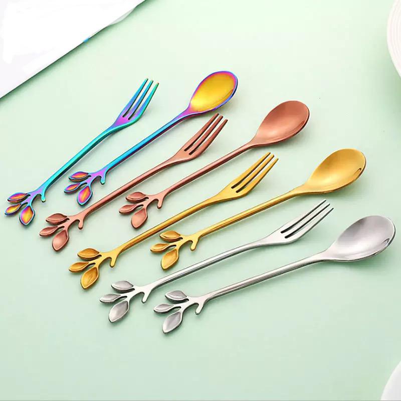 sendok garpu kecil motif daun / leaf coffee tea spoon fork stainless dessert / sendok garpu teh kopi kue buah