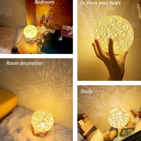 Lampu Kamar Tidur Antik Bola Rotan Vintage Warna Warni Remote control RGB Moon Light Shadow Lampu Tidur LED Dekorasi lampu meja kamar tidur Romantis creative Night desk bedside maiden dream romantic sleep moon rattan lamp home decore christmas decorations