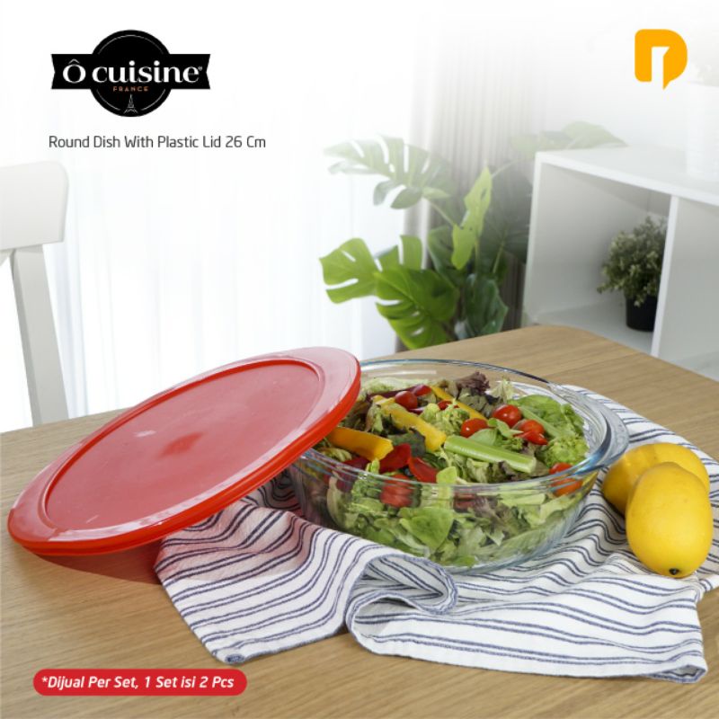 Ocuisine Round Dish With Plastic Lid 26 cm Wadah Kaca Oven Microwafe Dishwaser Safe