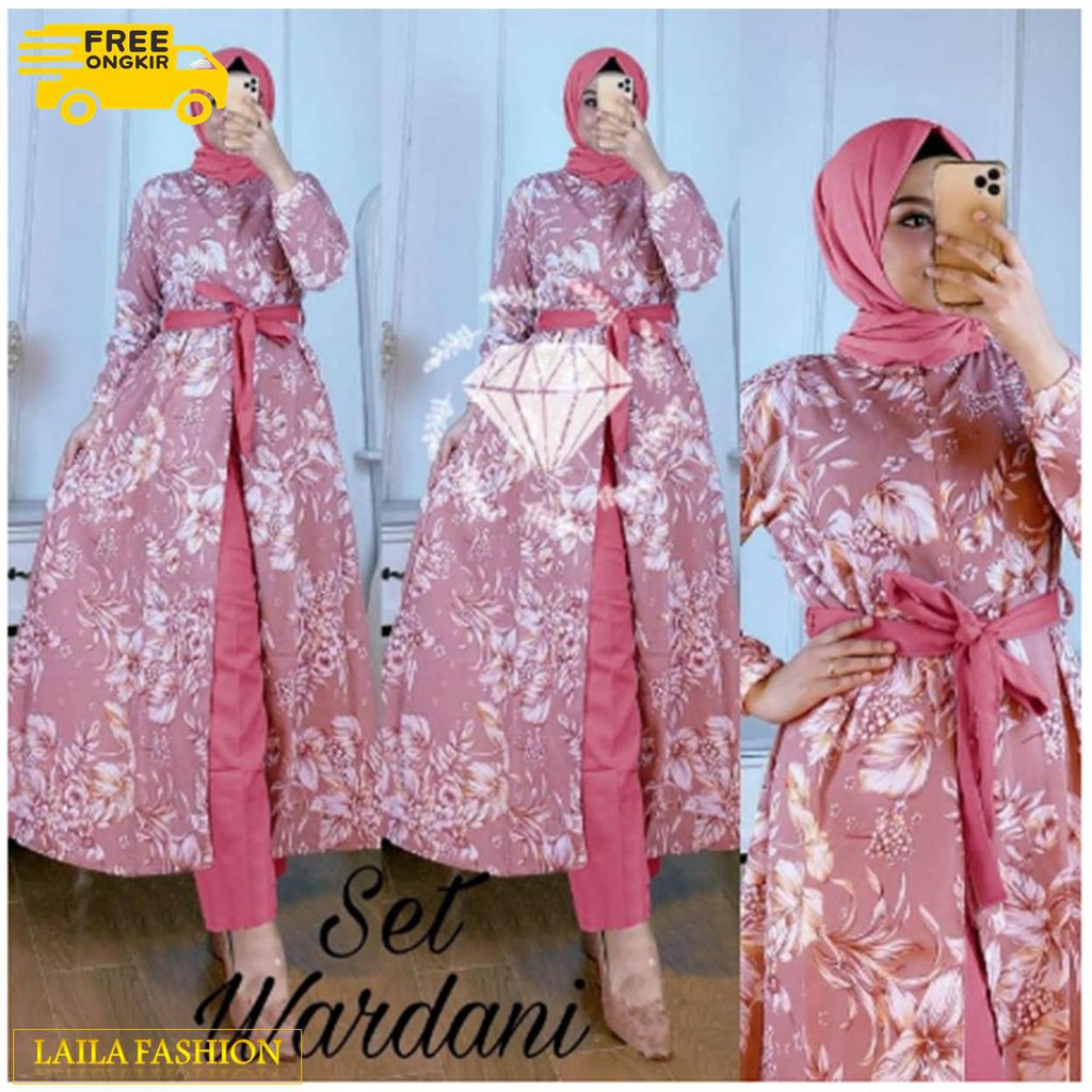 Setelan Wardani Baju Tunik Wanita Kekinian Motif Bunga Terbaru 2021 One Set Bahan Monalisa Premium