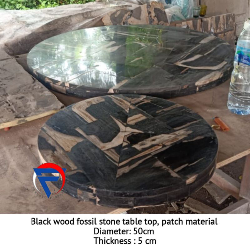 Top table bulat D.50 full batu fossil kayu hitam tempelan free ongkir jawa